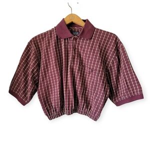 Vintage Women's Burgundy Plaid Cropped Polo Top